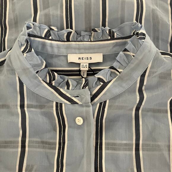 Reiss Avera NWOT Semi-Sheer Metallic Striped Blue Button Down Shirt-size 8 - Picture 6 of 13